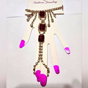 *247B778 Rhinestones & Red B Beads Bracelet  & Ring Finger  Loop